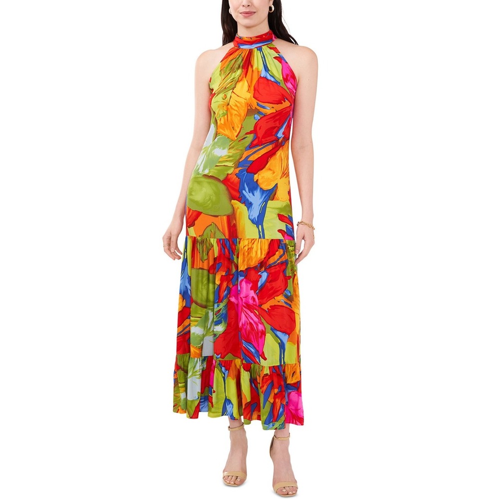 MSK Halter Maxi Dress Colorful Floral Tiered Sleeveless Vibrant Bohemian Size M